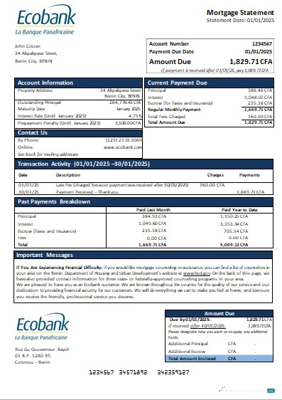 Download Benin Ecobank bank mortgage statement scr Photoshop template